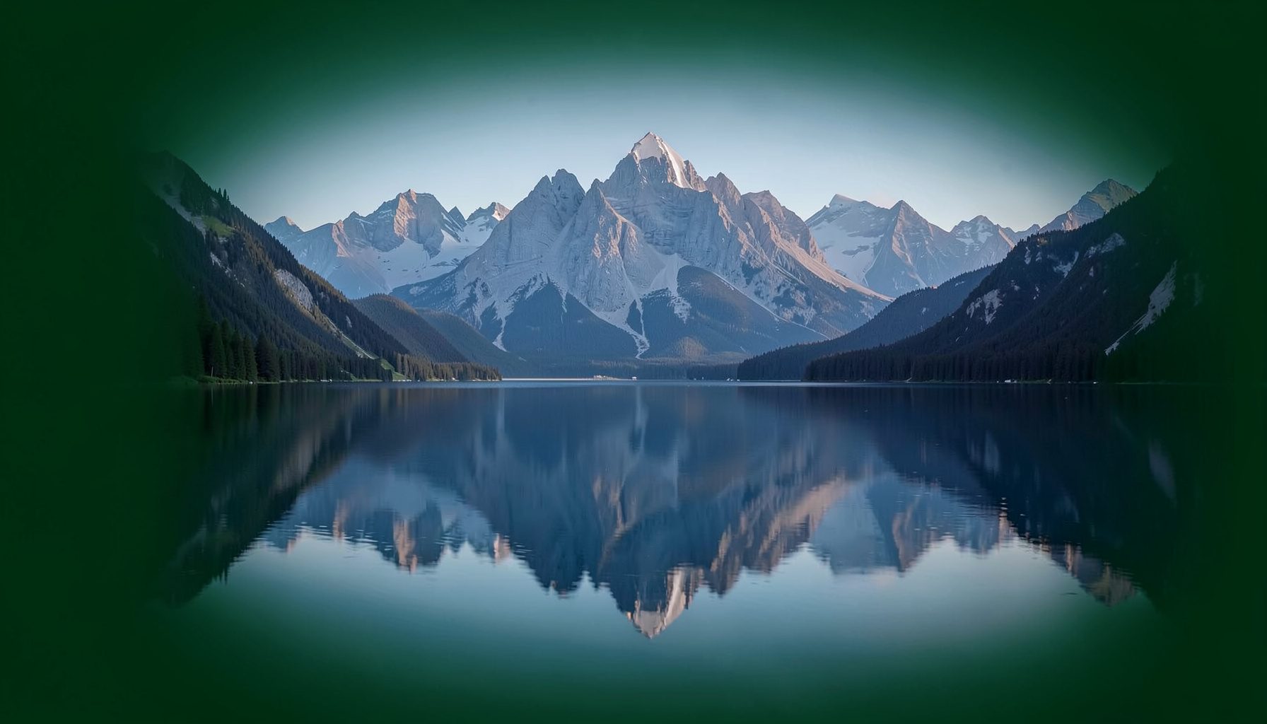 Dramatische Bergkette spiegelt sich in einem stillen Alpensee, kühle Blau- und Grautöne, weiches Morgenlicht