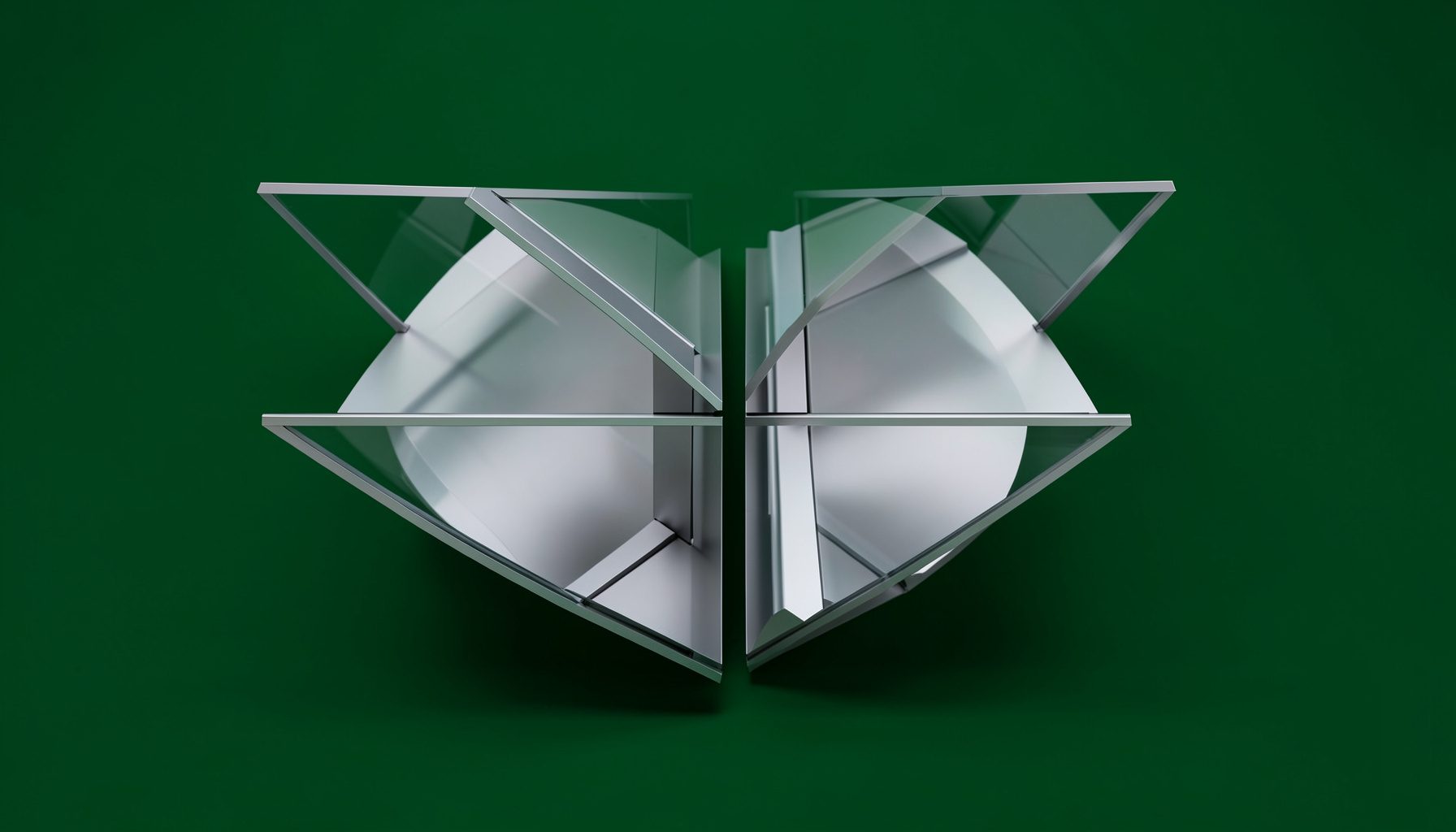 Modernes Architekturdetail mit klaren Linien und reflektierenden Glasflächen, kühle Silber- und Grautöne, präzise symmetrische Komposition