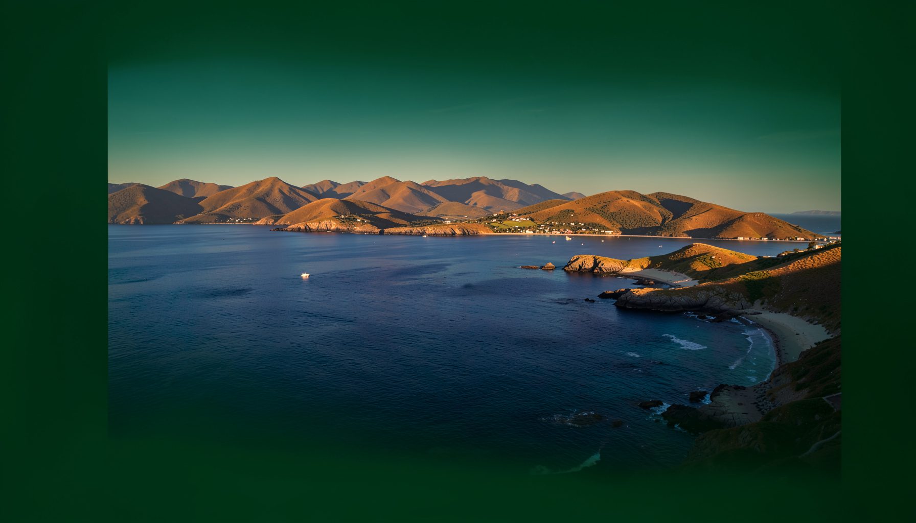 Weitläufige neuseeländische Küstenlandschaft bei goldenem Abendlicht, sanfte Hügel treffen auf das Meer, warme Erdtöne