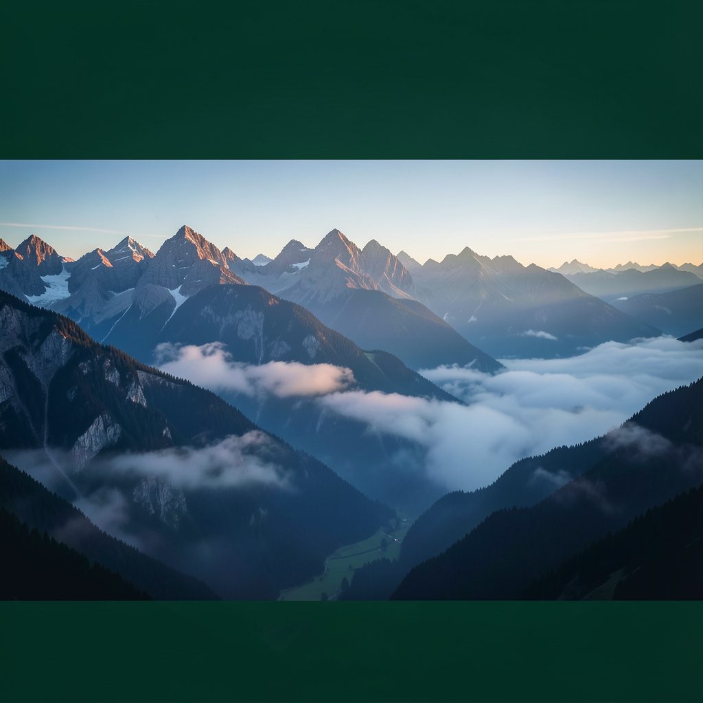 Dramatische Bergkette im Morgenlicht mit Nebelschwaden in den Tälern, kühle Blau- und Grautöne